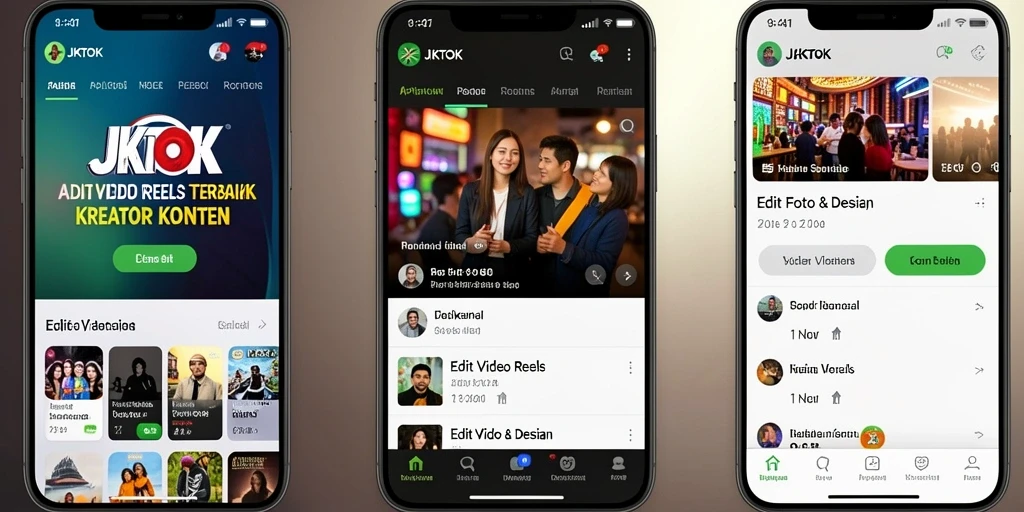 Tampilan antarmuka JKTOK saat mengedit video reels dengan efek yang beragam.